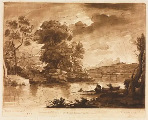 Liber Veritatis: No. 68, A Landscape at Sunset with Fishermen Drawing a Net, by Richard Earlom