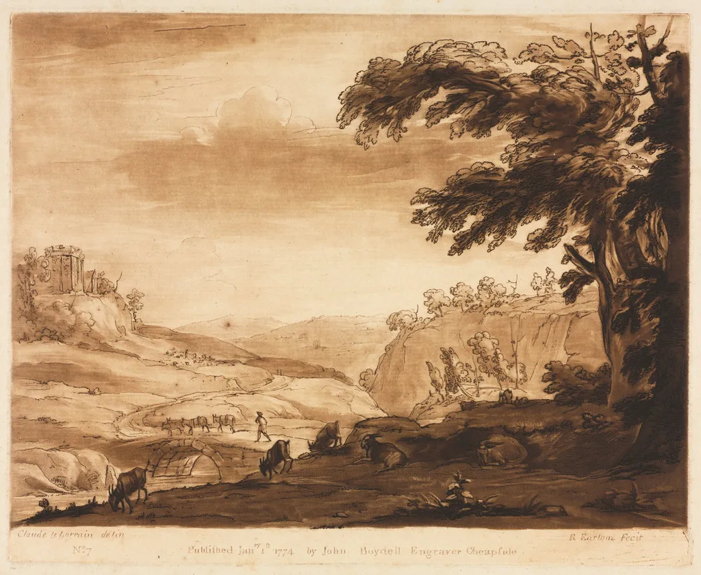Liber Veritatis: No. 7, An Island Scene of a Mountainous Country with Cattle, by Richard Earlom, 1774