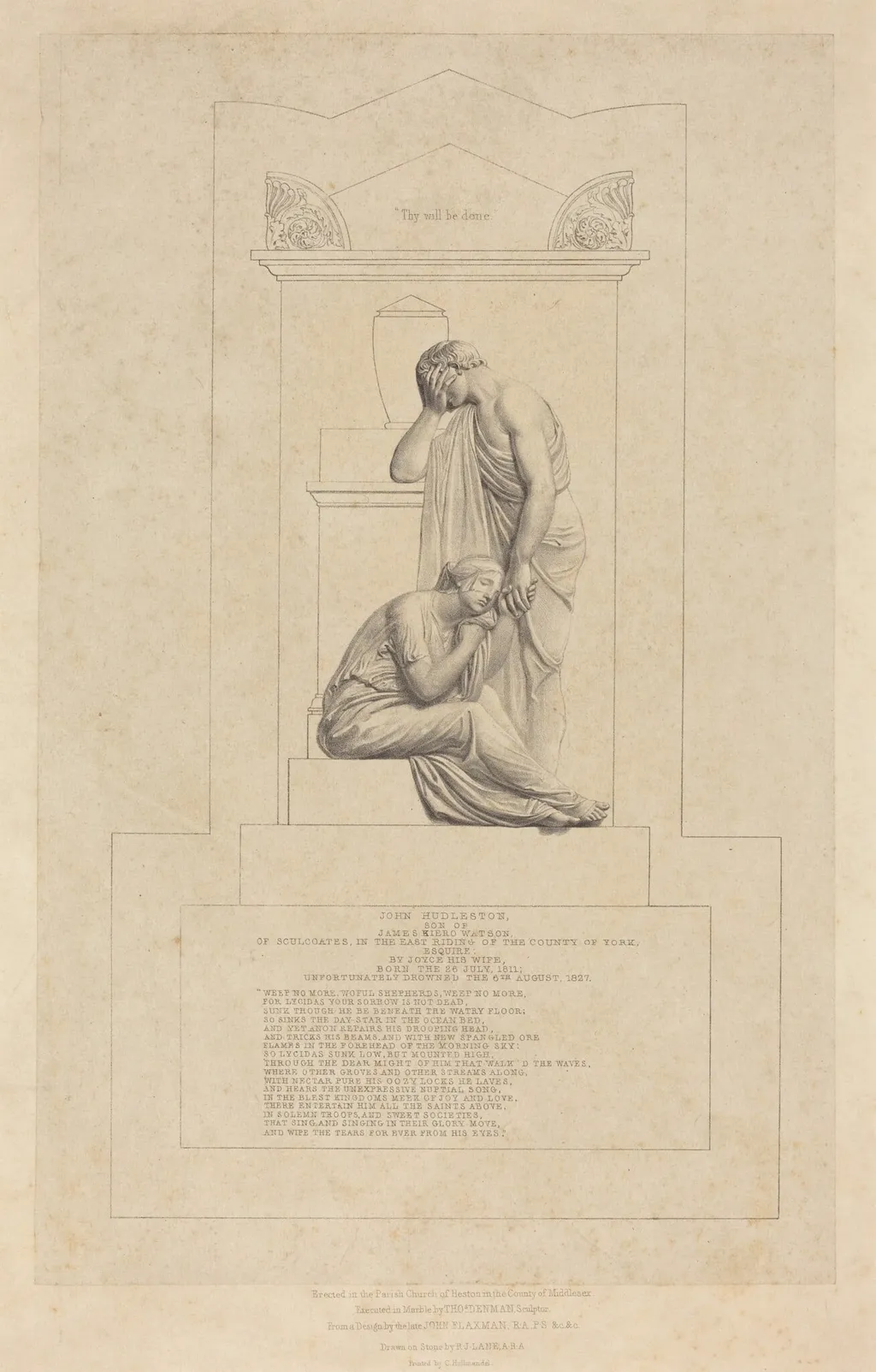 Monument to John Hudleston, by Richard James Lane, ink, 1836