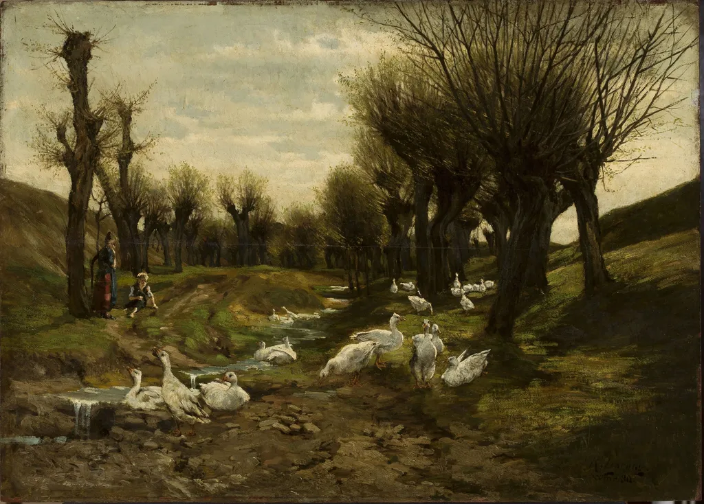 Geese alongside a creek, by Richard Lorenz, oil, 1890