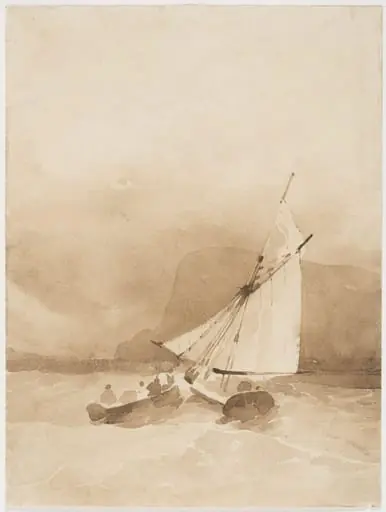 A sailing-vessel and a rowing-boat in rough seas off Beachy Head, by Richard Parkes Bonington
