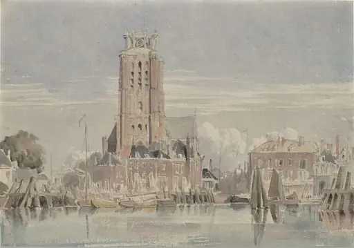 Docks and a clock tower, by Richard Parkes Bonington