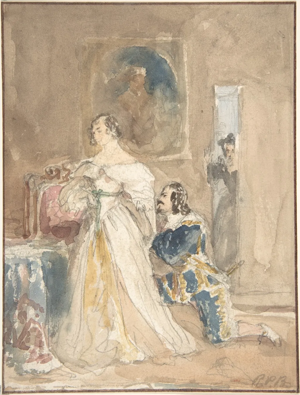 The Proposal (recto); Unfinished drawing of a horse and rider (verso), by Richard Parkes Bonington, graphite, 1820