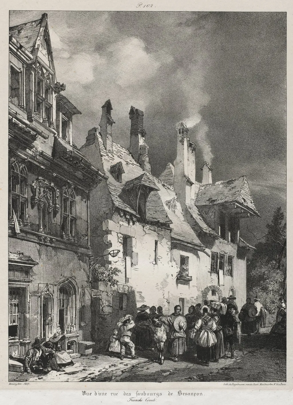Voyages pittoresques et romantiques dans l'ancienne France, Franche-Comté: Vue d'une rue des faubourgs de Besançon, by Richard Parkes Bonington, 1825
