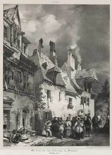 Voyages pittoresques et romantiques dans l'ancienne France,  Franche-Comté:  Vue d'une rue des faubourgs de Besançon, by Richard Parkes Bonington