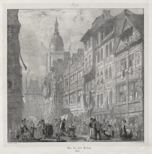 Voyages pittoresques et romantiques dans l'ancienne France,  Normandie:  Rue du Gros Horloge, Rouen, by Richard Parkes Bonington