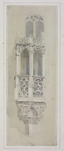 Sketch of a window and balcony, Hotel de Ville, Brussels, by Richard Redgrave