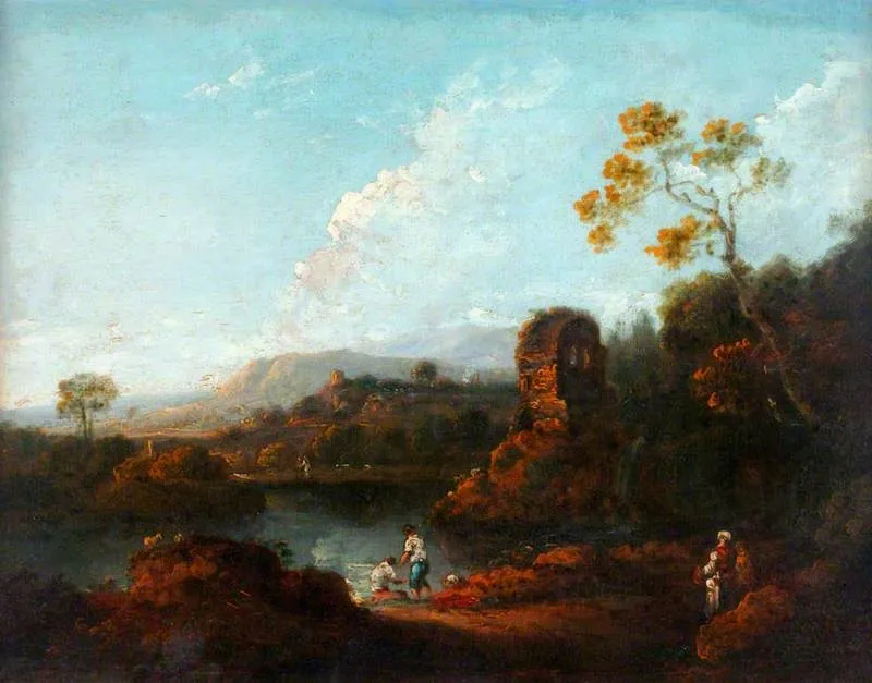 Landscape with a River and Ruins, by Richard Wilson, oil, 1757