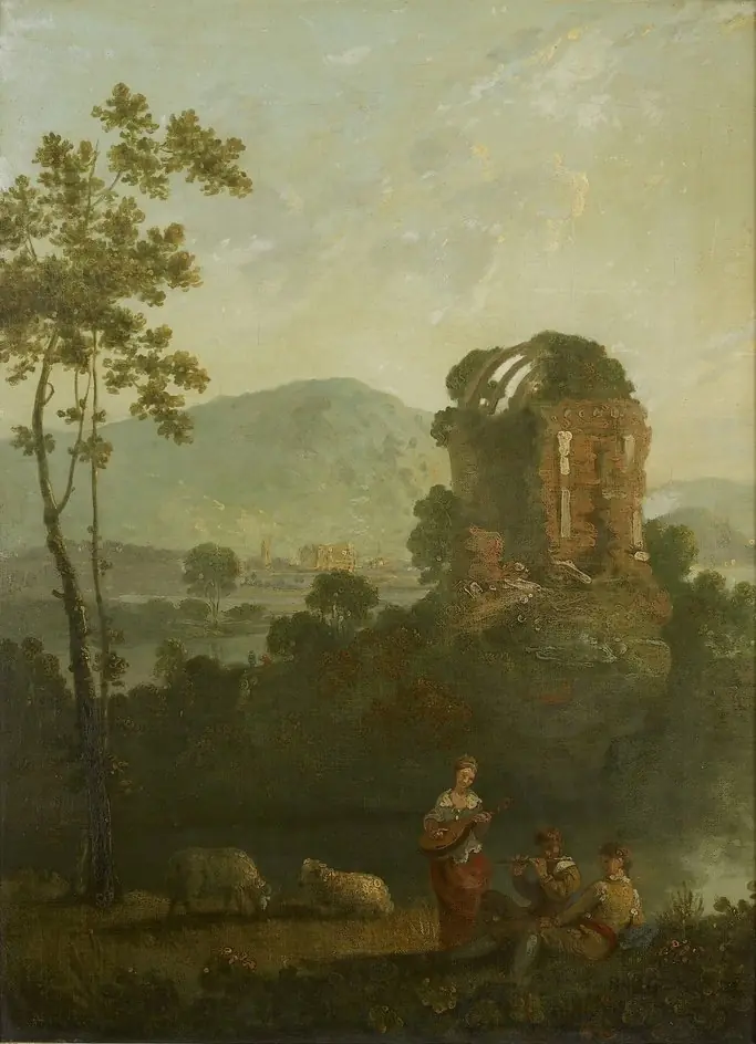 Pastoral Scene with Musicians by a classical Ruin, by Richard Wilson