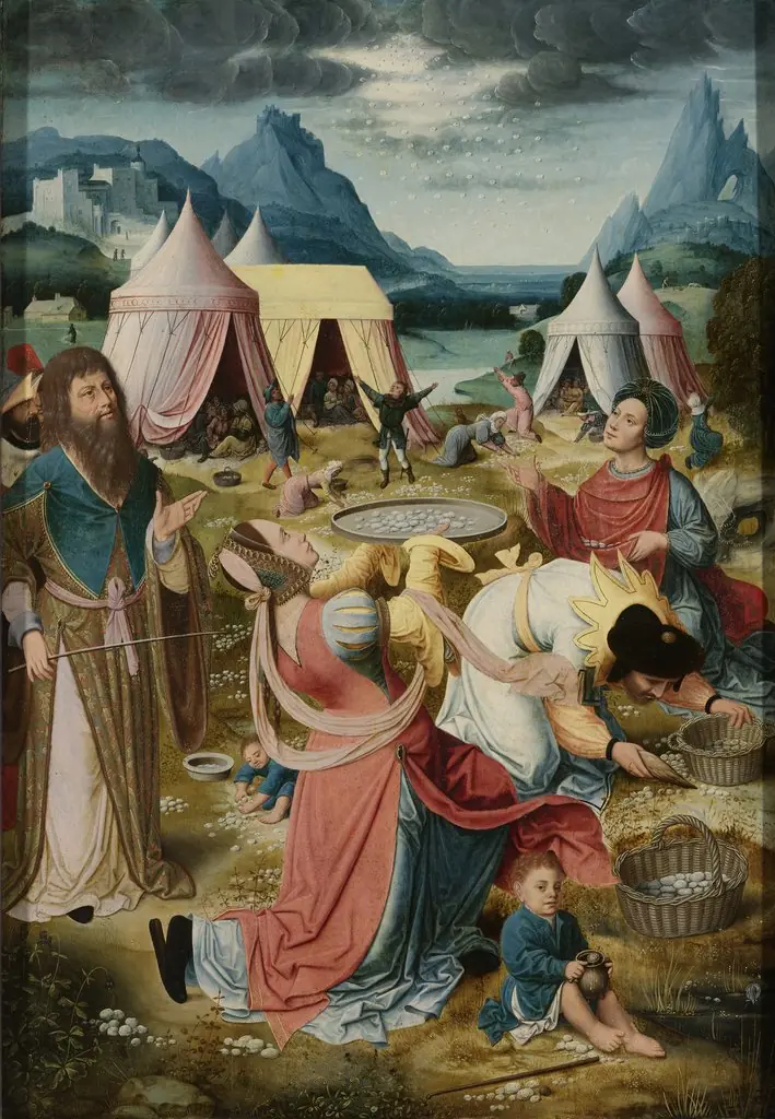 Right wing of an altarpiece with the gathering of manna (inner wing) and Ecclesia (outer wing), 1515