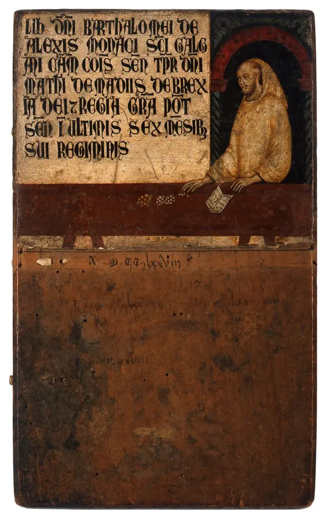 Cover of an account book of the Sienese tax authorities with the portrait of the treasurer, by Rinaldo da Siena