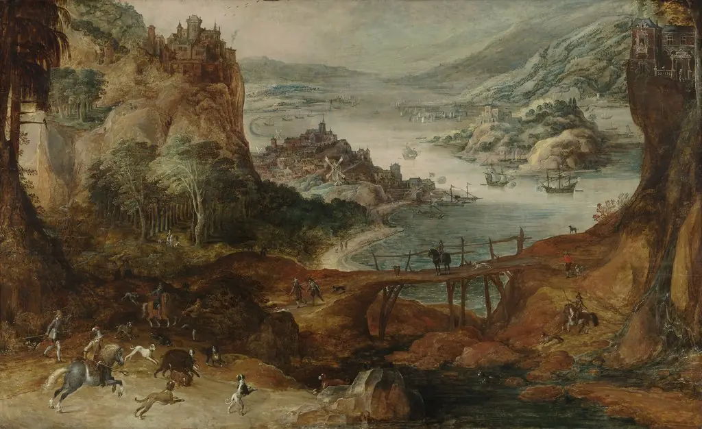 River landscape with boar hunt