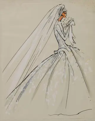 Robe de mariée à longue jupe évasée à fin boutonnage sur le devant et long voile