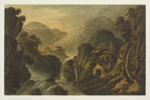 Classical landscape with cascade, by Robert Adam