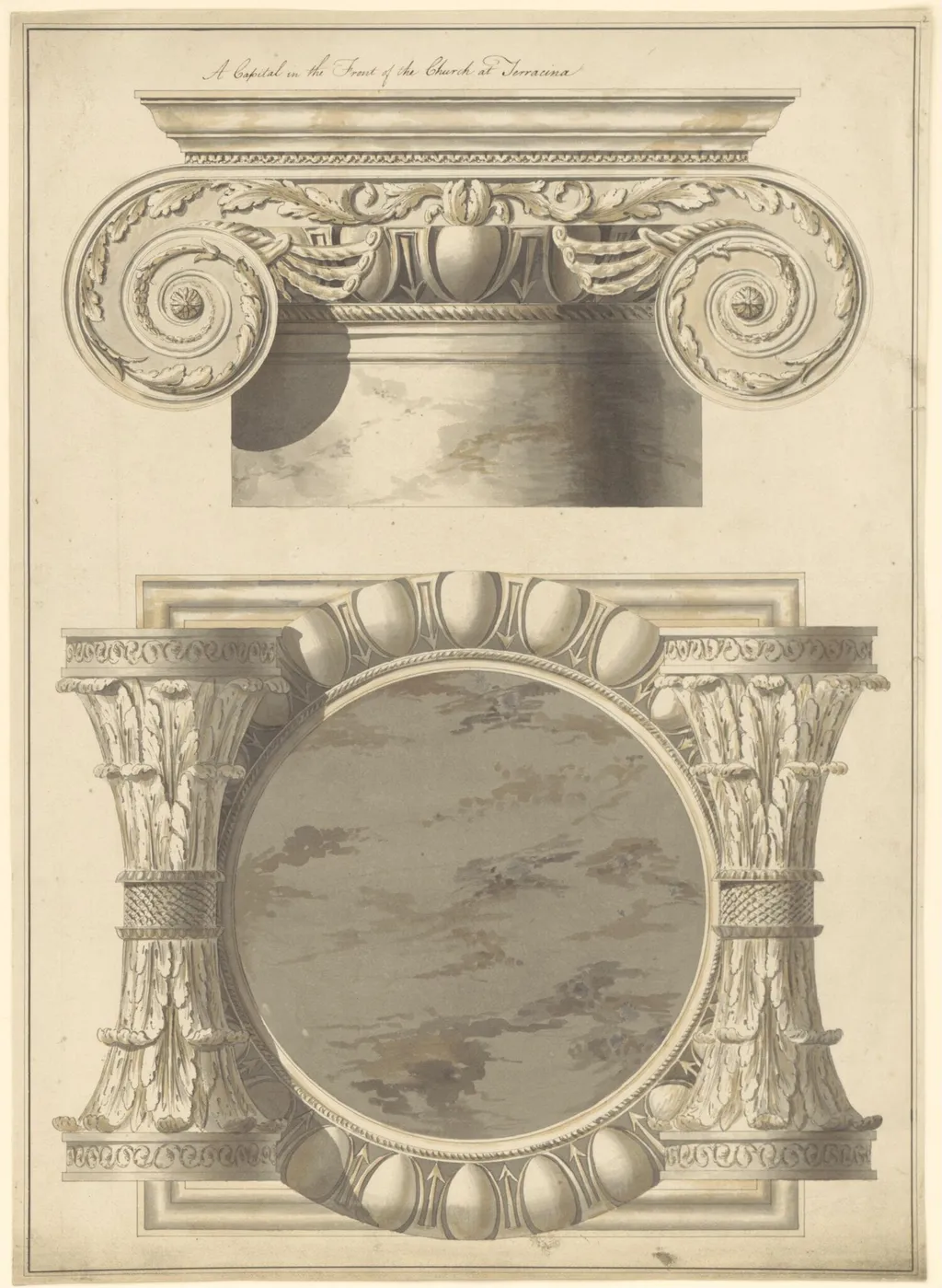 Plan and elevation of a capital in the front of the church at Terracina, by Robert Adam, 1754