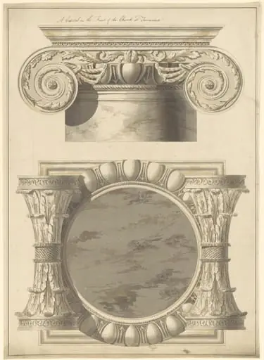 Plan and elevation of a capital in the front of the church at Terracina, by Robert Adam