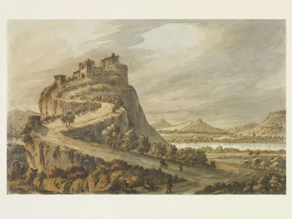 Rocky landscape with castle, by Robert Adam, watercolor, 1750