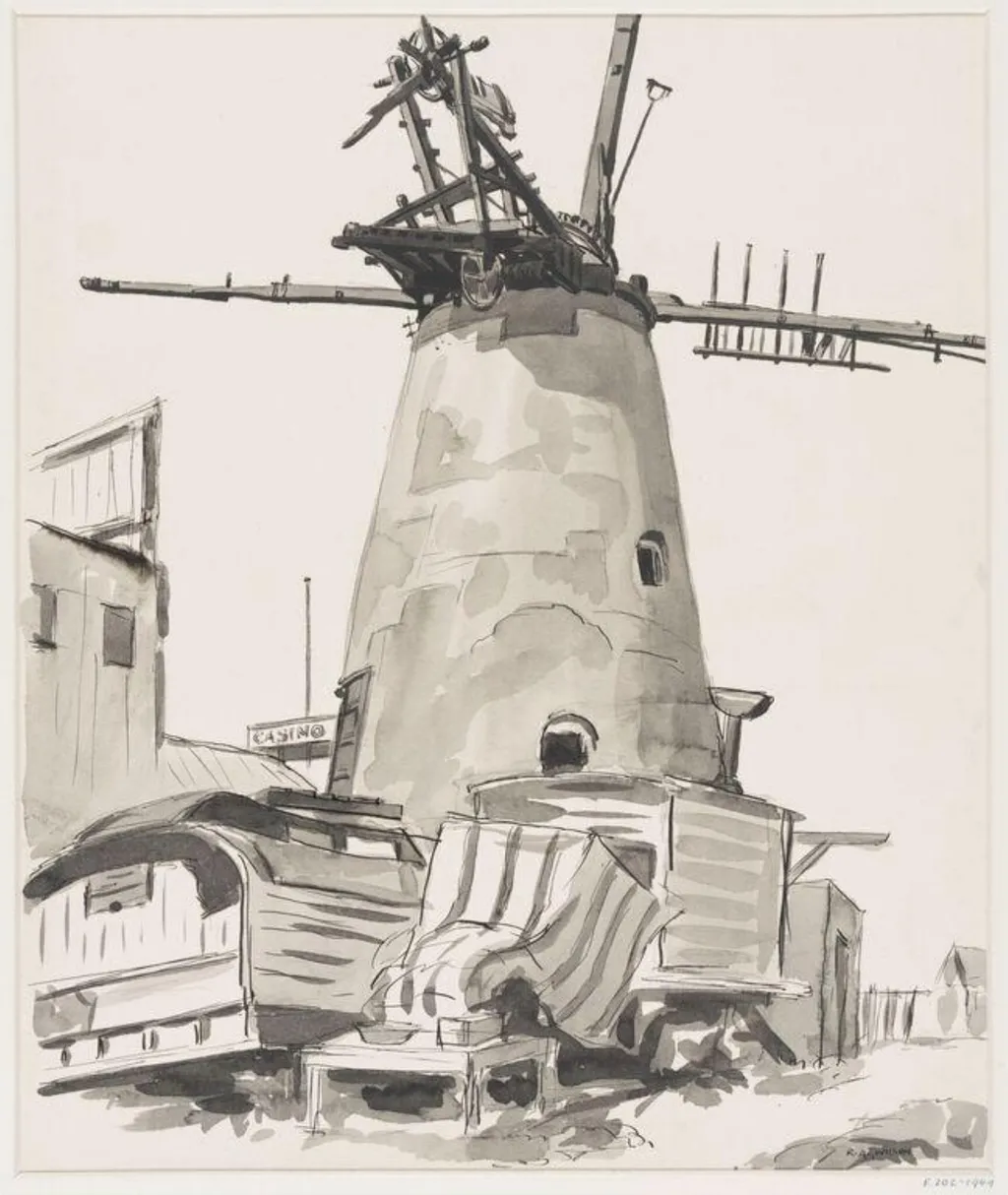 Gipsy Lee's caravan beside the derelict mill, Littlehampton., by Robert Arthur Wilson, 1930