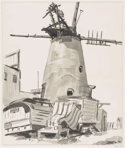 Gipsy Lee's caravan beside the derelict mill, Littlehampton., by Robert Arthur Wilson