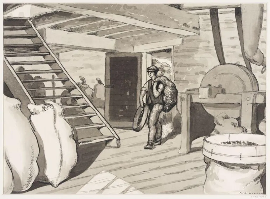 Interior of flour mill, Emsworth, Hampshire., by Robert Arthur Wilson, 1936
