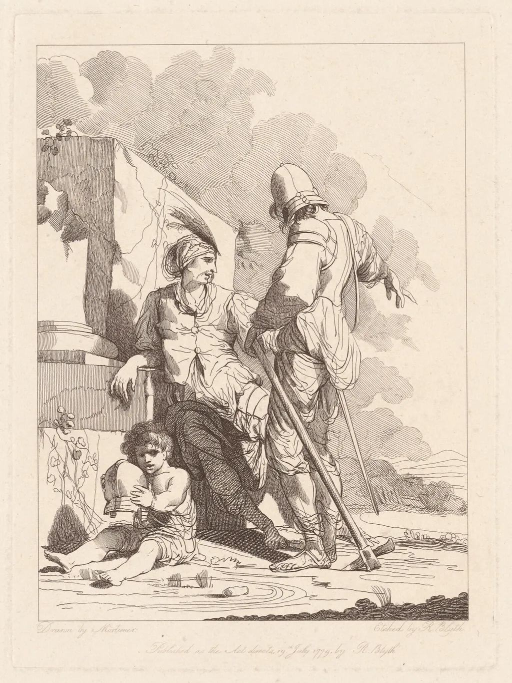 Two Soldiers and Child Holding a Helmet, by Robert Blyth, ink, 1779