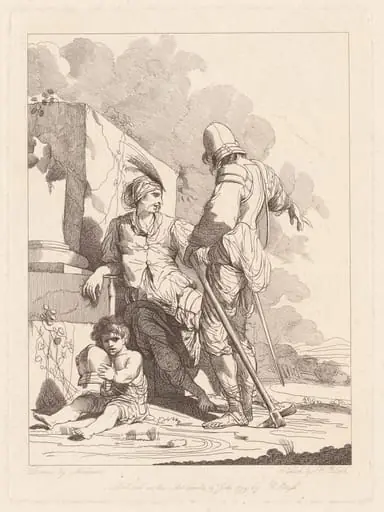 Two Soldiers and Child Holding a Helmet, by Robert Blyth