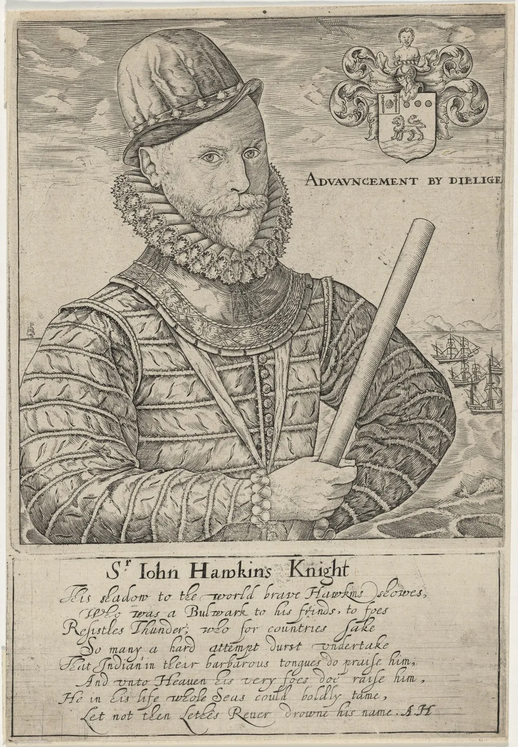 Sir John Hawkins, Naval Commander, by Robert Boissard, ink