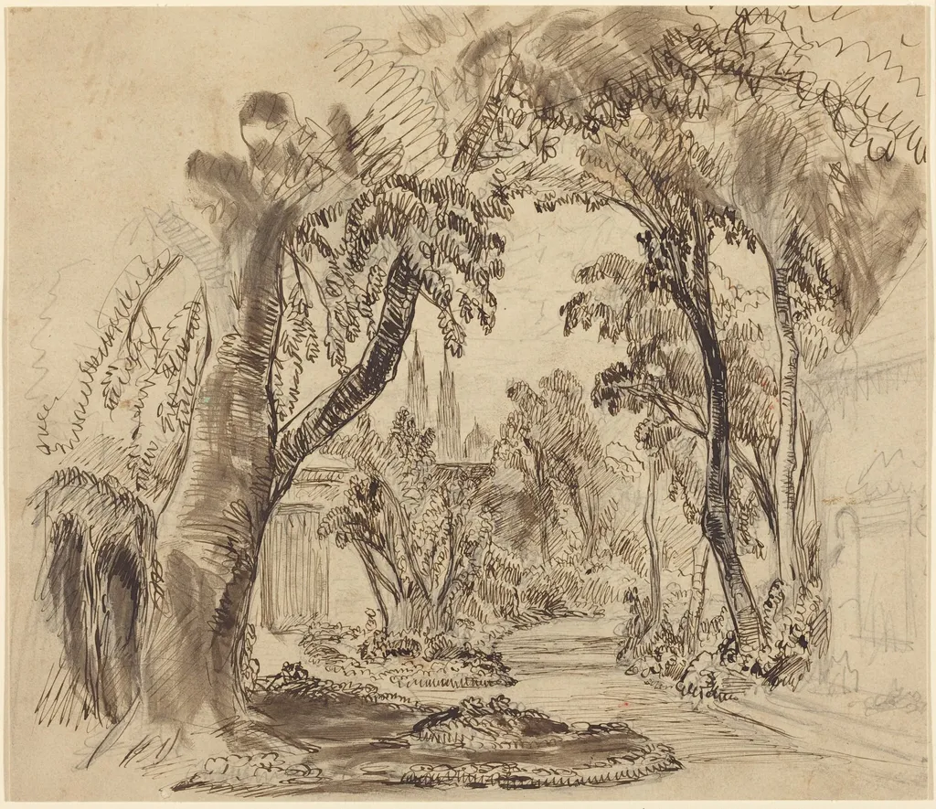 A Tree-lined Garden Path (Preliminary Sketch for "Sleeping Beauty and the Beast"?), by Robert Caney, ink