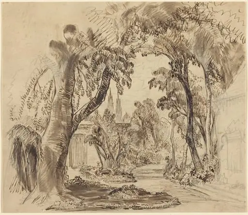 A Tree-lined Garden Path (Preliminary Sketch for "Sleeping Beauty and the Beast"?), by Robert Caney