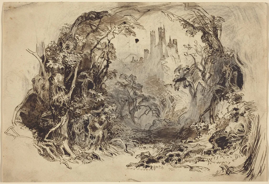 Castle On A Hill (Set for "Sleeping Beauty and the Beast"?), by Robert Caney, ink