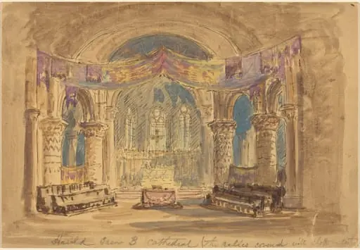 "Harold Scene 3 Cathedral (The relics covered with cloth at centre)", by Robert Caney