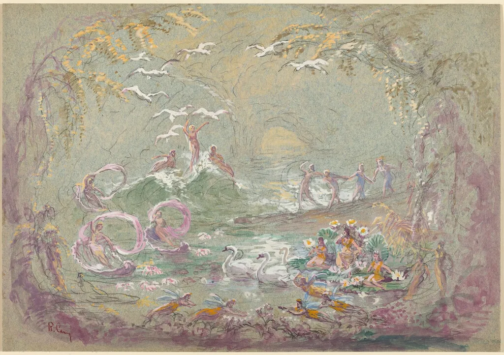 Lake Scene with Fairies and Swans, by Robert Caney, chalk, 1584