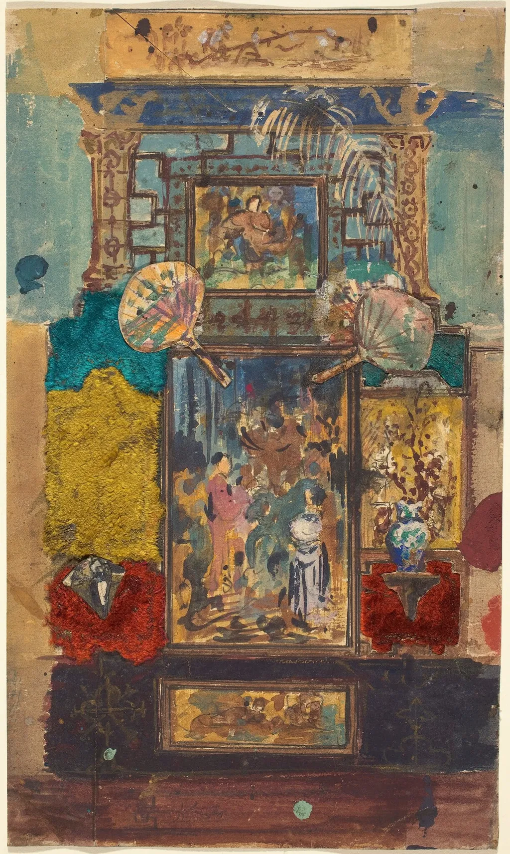 Stage Set Consisting Of Painted Panels, Fabrics, And Fans, by Robert Caney, ink