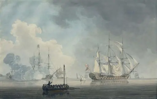 English Ships of War,  one firing a salute, by Robert Cleveley