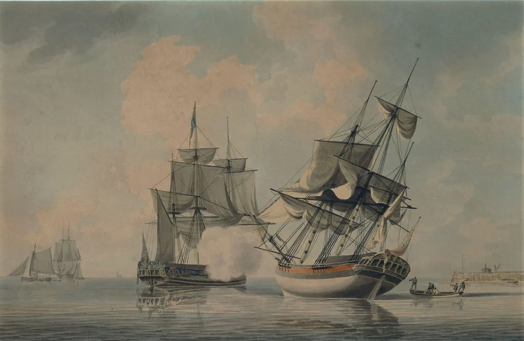 Seapiece with Shipping, by Robert Cleveley, watercolor, 1790