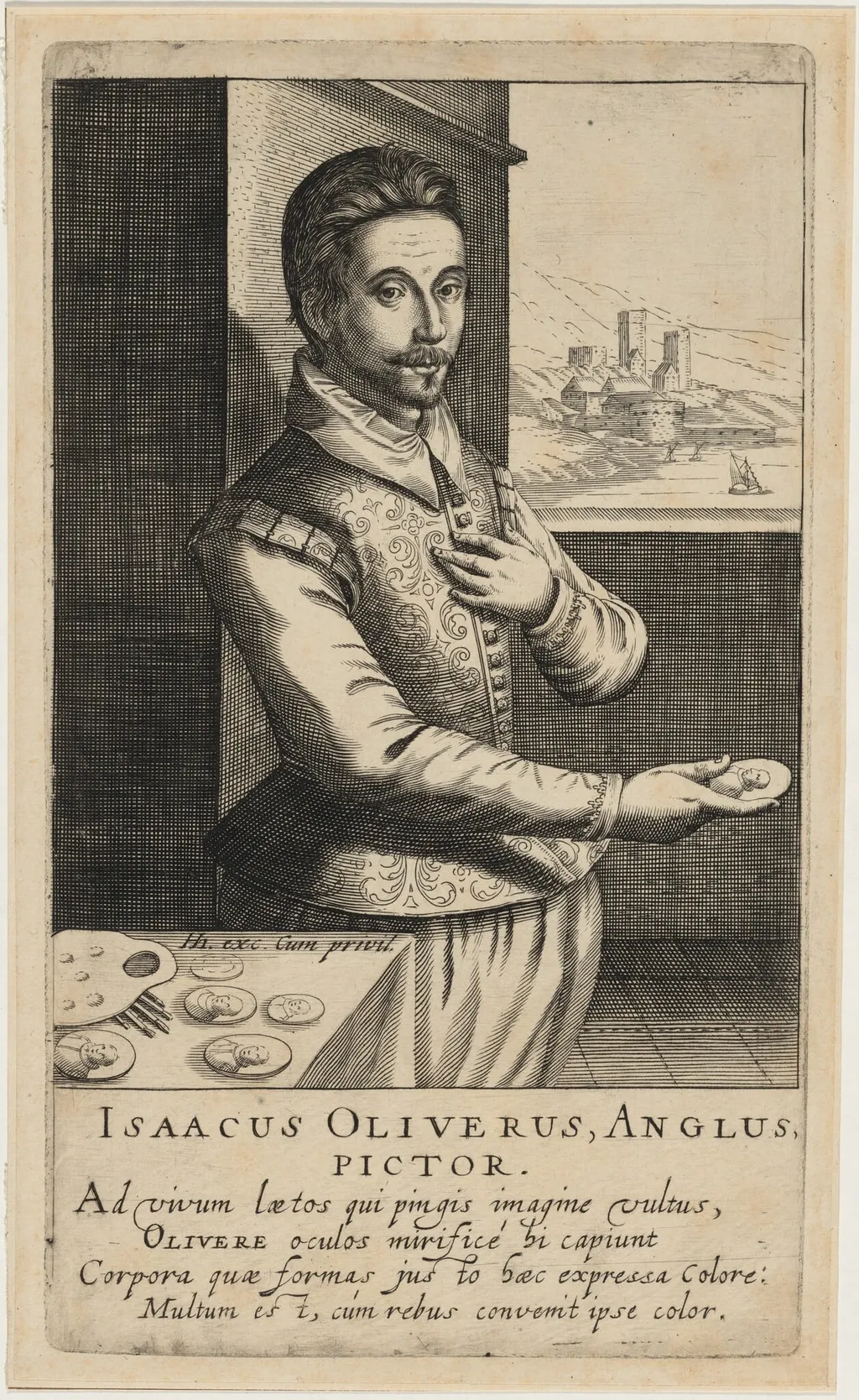 Isaac Oliver, Miniature Painter, by Robert de Baudous, ink, 1610