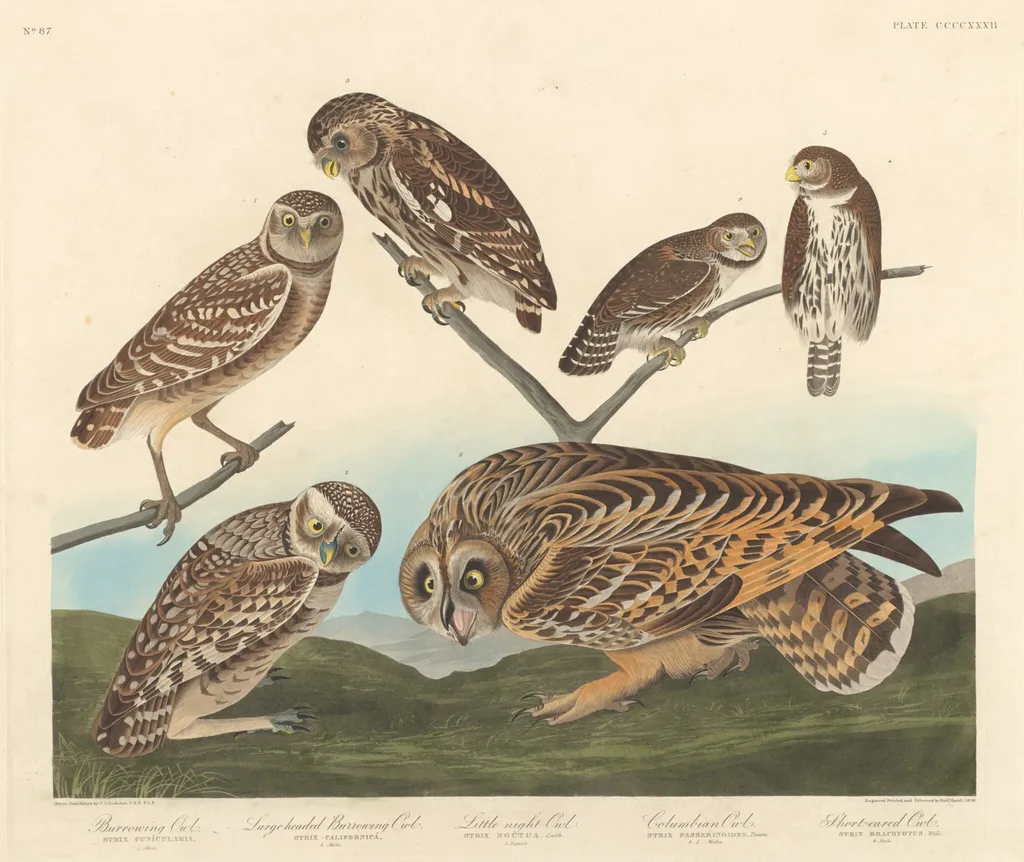 Burrowing Owl, Large-Headed Burrowing Owl andLittle Night Owl, by Robert Havell Jr., ink, 1838