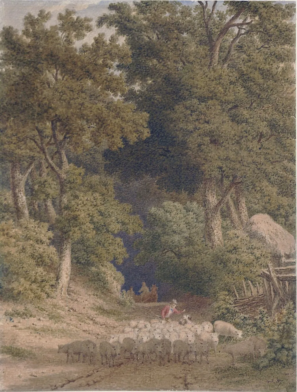 Country road leading from a wood, man driving a flock of sheep, by Robert Hills, watercolor, 1790