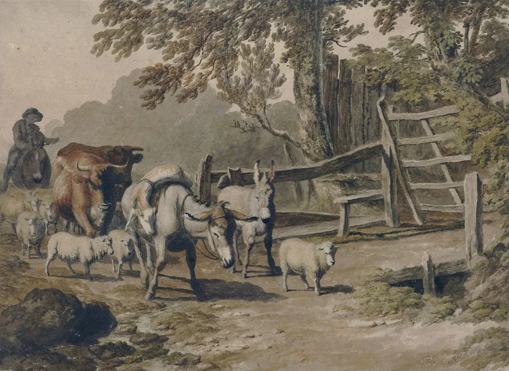 Landscape with drover and cattle, by Robert Hills, watercolor, 1809