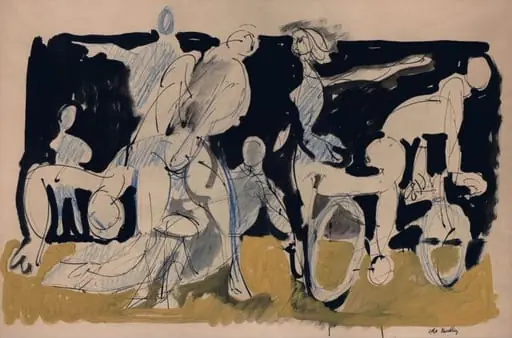 Figure group with cyclist, by Robert Medley
