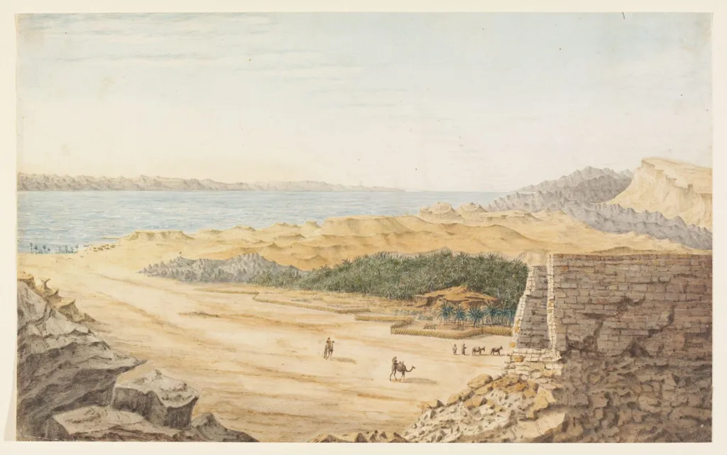 Ancient Ruins in the land of Edom above the bed of a valley and Arab Date gardens, by Robert Moresby, watercolor, 1832