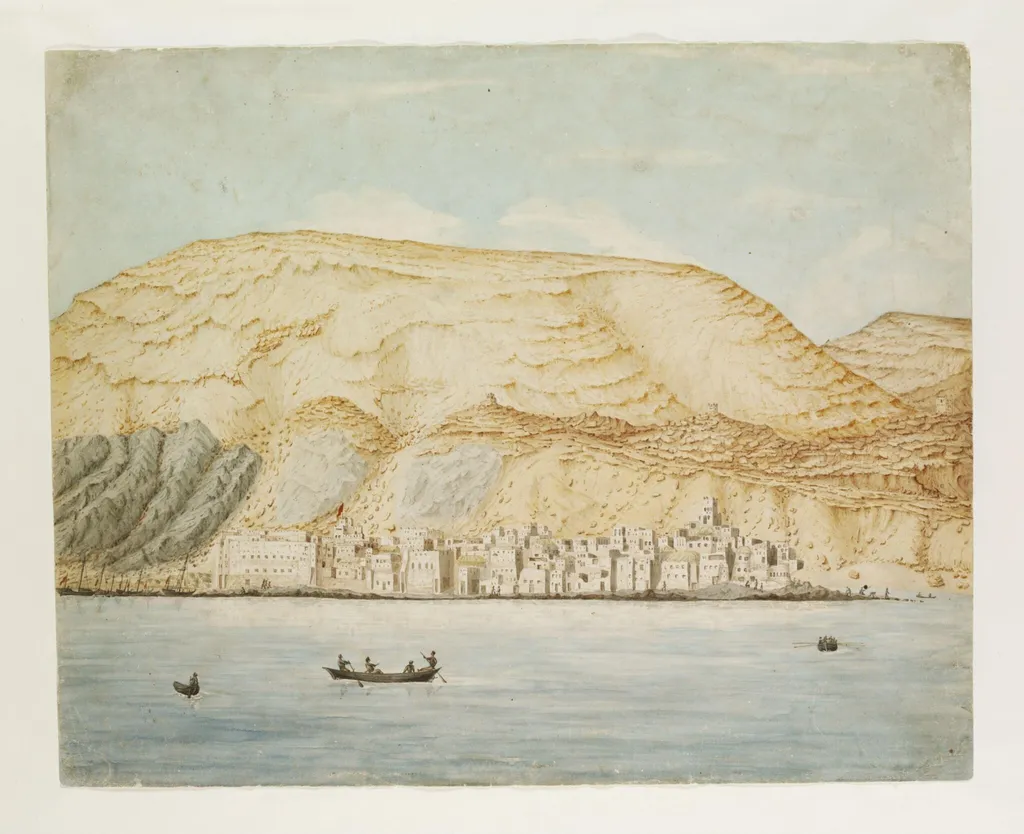 Maculla. Town. Coast of Arabia. Coal Depot, by Robert Moresby, watercolor, 1840