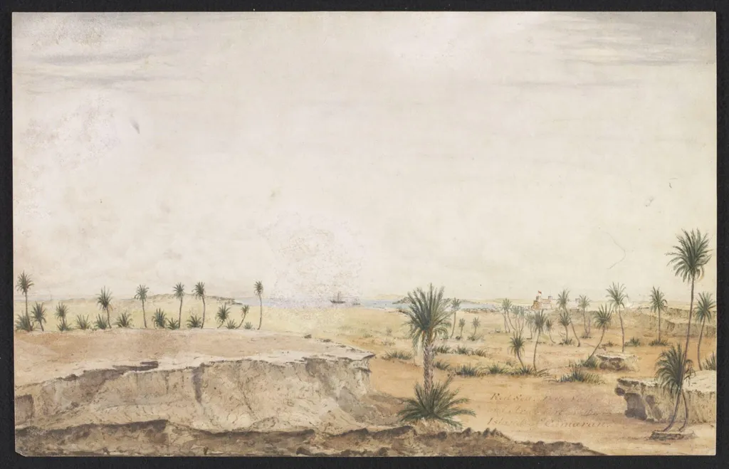 Red Sea. Date Palms and Arab Fort on the Island of Camaran, by Robert Moresby, watercolor, 1832
