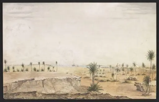 Red Sea. Date Palms and Arab Fort on the Island of Camaran, by Robert Moresby