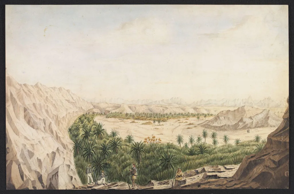 View of the valley of Eynounah. Coast of Arabia in the Red Sea, by Robert Moresby, watercolor, 1832