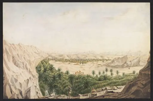 View of the valley of Eynounah. Coast of Arabia in the Red Sea, by Robert Moresby