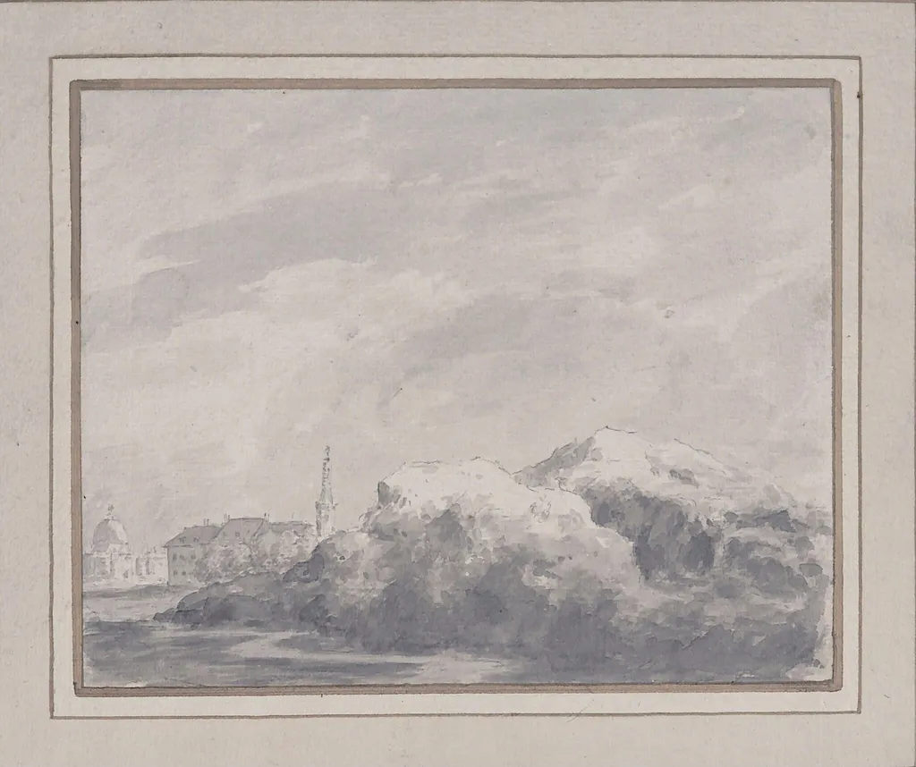 Rocks with distant village, by Robert Price, 1745