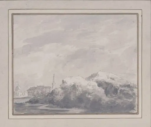 Rocks with distant village, by Robert Price