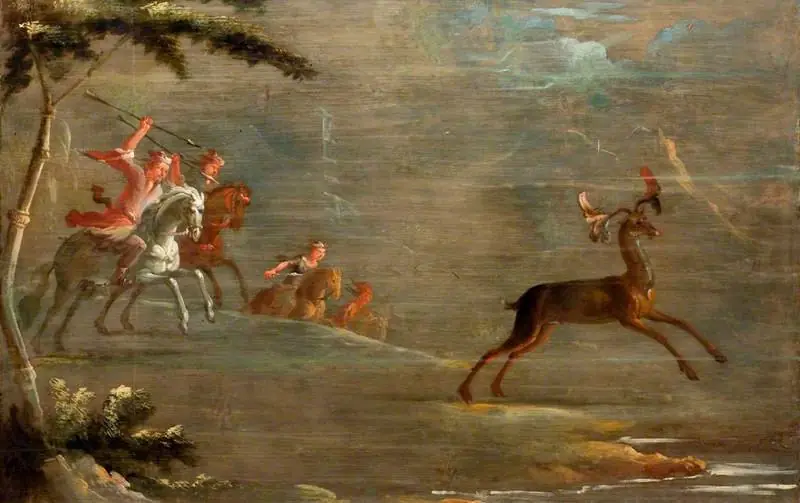 A Band of Tartar Horsemen Hunting an Elk, by Robert Robinson, 1698