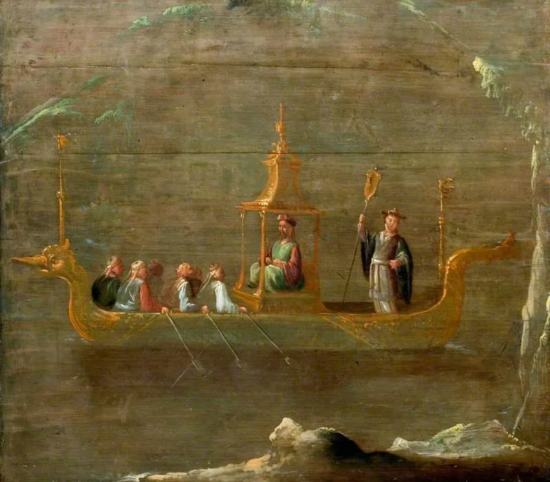 A Chinese Dignitary in a Boat, by Robert Robinson, oil, 1698